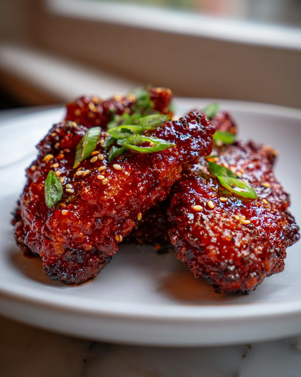 Close-up of sticky, glazed korean fried chicken wings topped with sesame seeds and green onions.