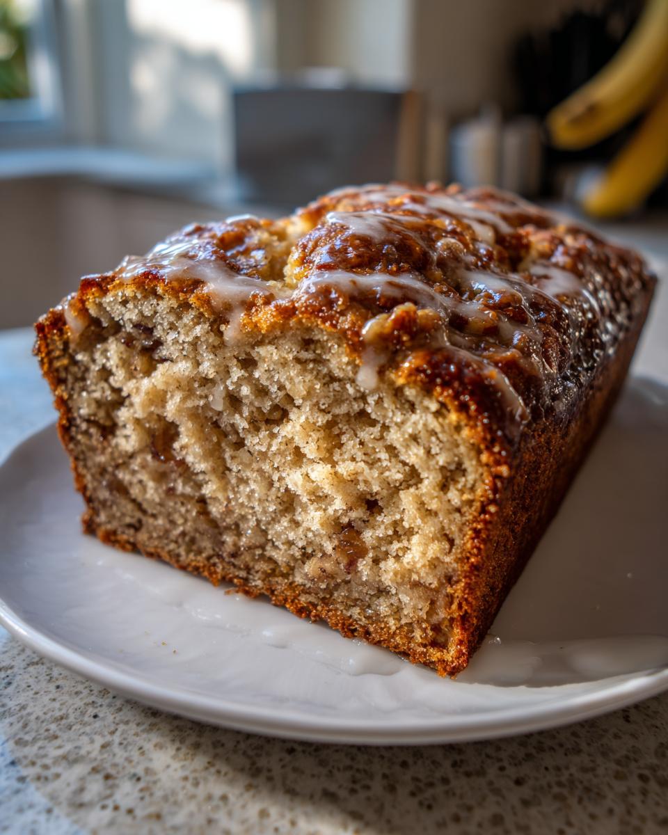 Close-up of a slice of sweet alabama pecan bread with a shiny glaze on top, resting on a white plate.