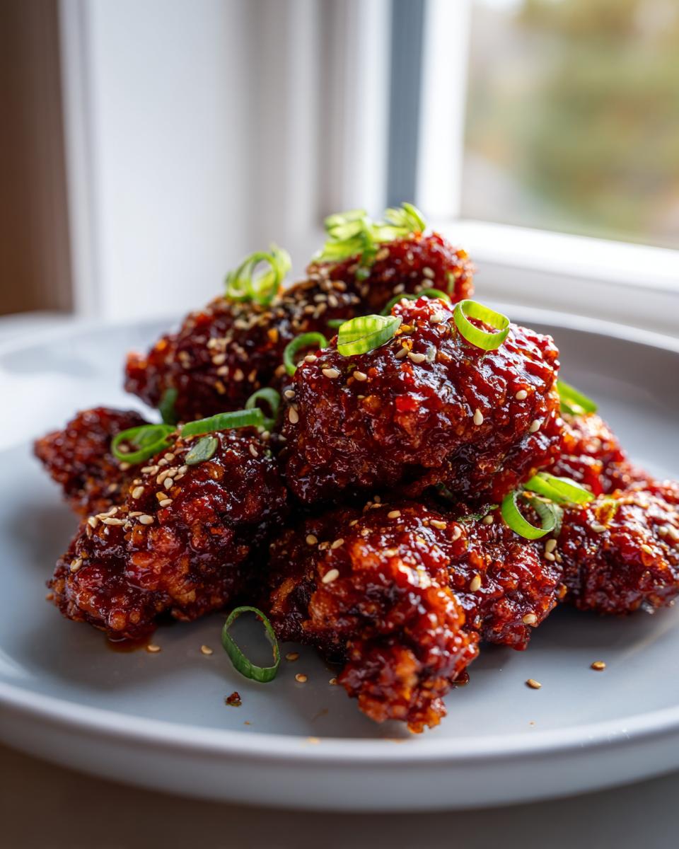 A pile of crispy korean fried chicken coated in a thick, glossy red sauce, garnished with sesame seeds and sliced green onions.