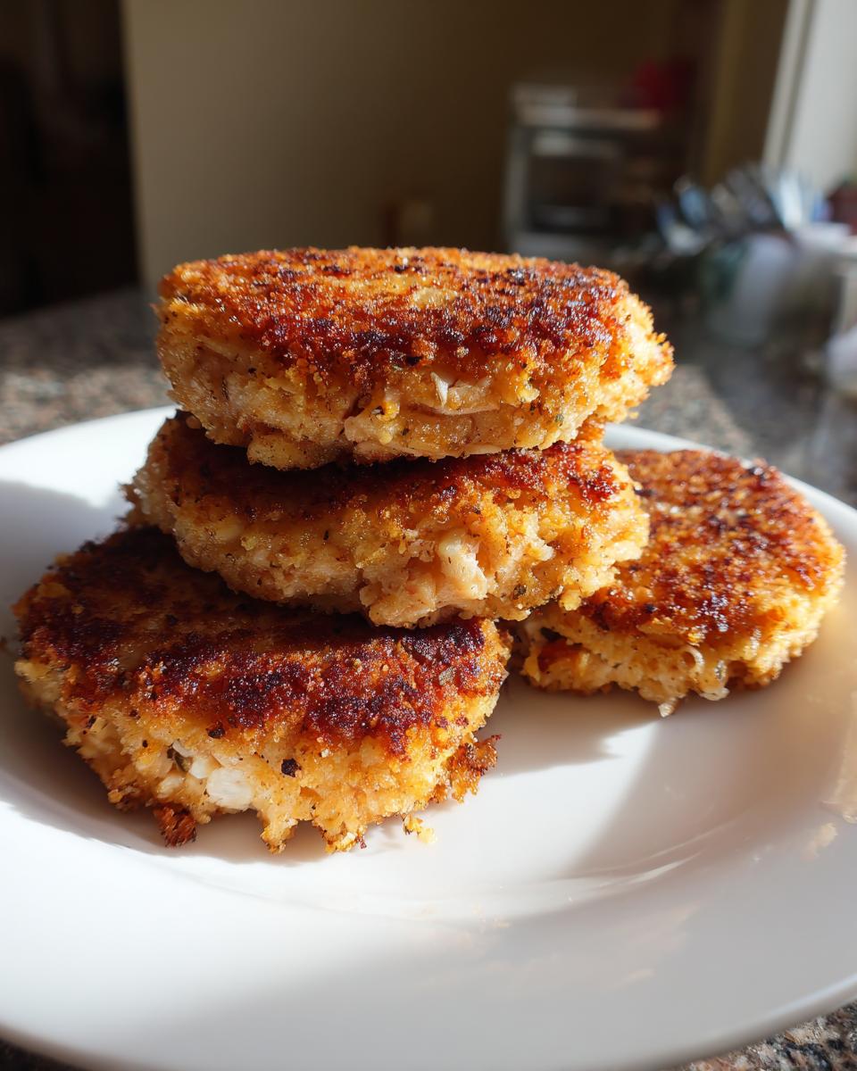 A stack of three golden brown, crispy salmon cakes served on a white plate.