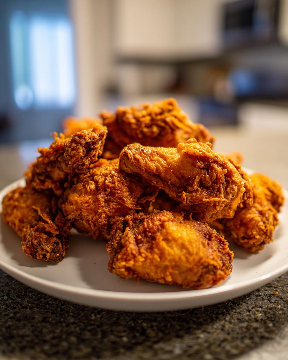 A close-up of a pile of perfectly cooked, crispy fried chicken wings served on a white plate.
