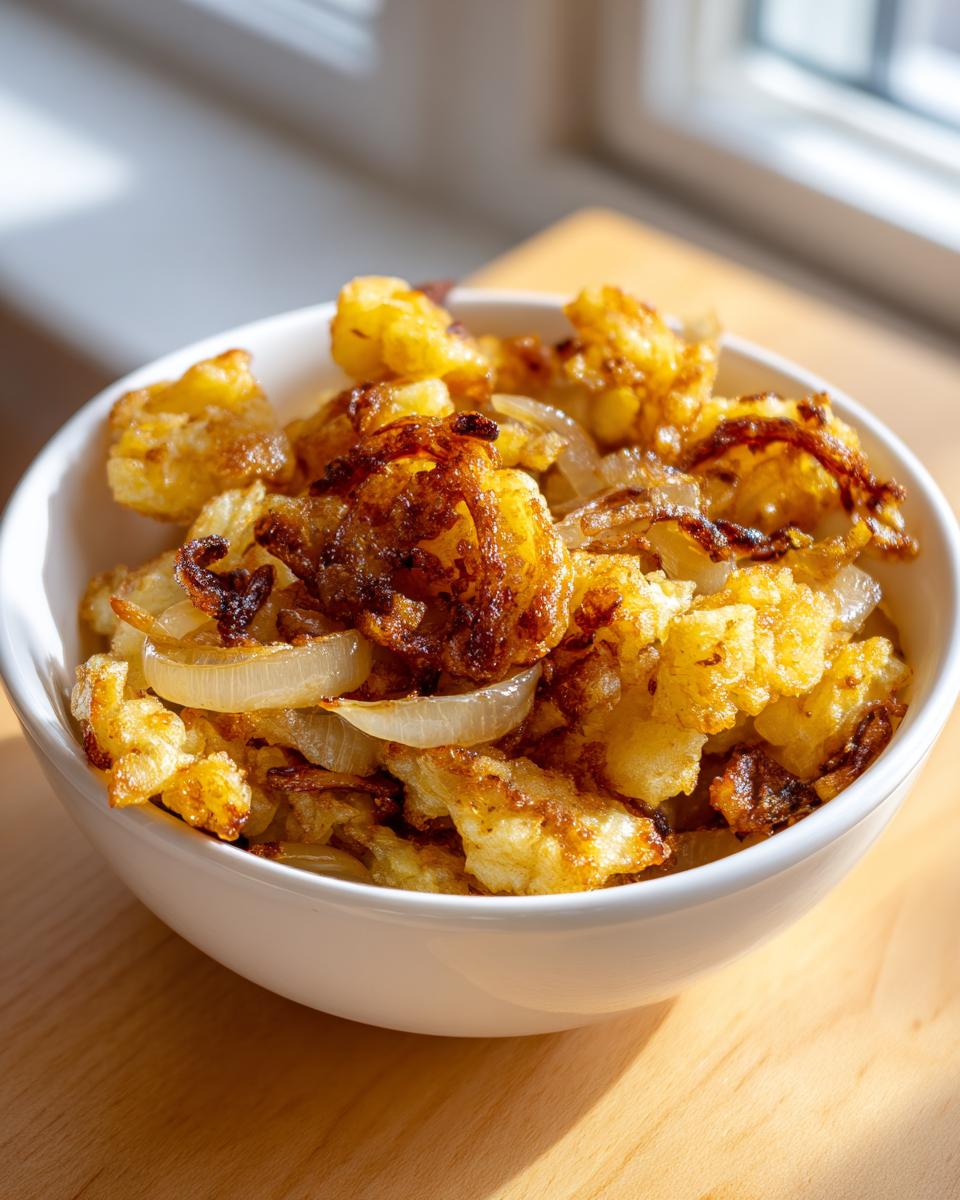 Close-up of golden brown fried potatoes mixed with caramelized onions served in a white bowl.