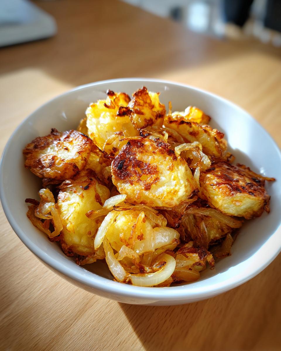 A white bowl filled with perfectly browned fried potatoes and sautéed onions, ready to eat.