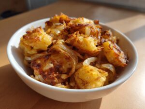 A close-up of golden brown fried potatoes mixed with caramelized onions served in a white bowl.