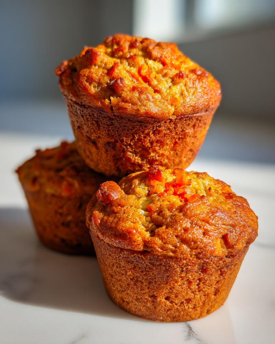 Three golden-brown morning glory muffins stacked on a white marble surface, catching bright sunlight.