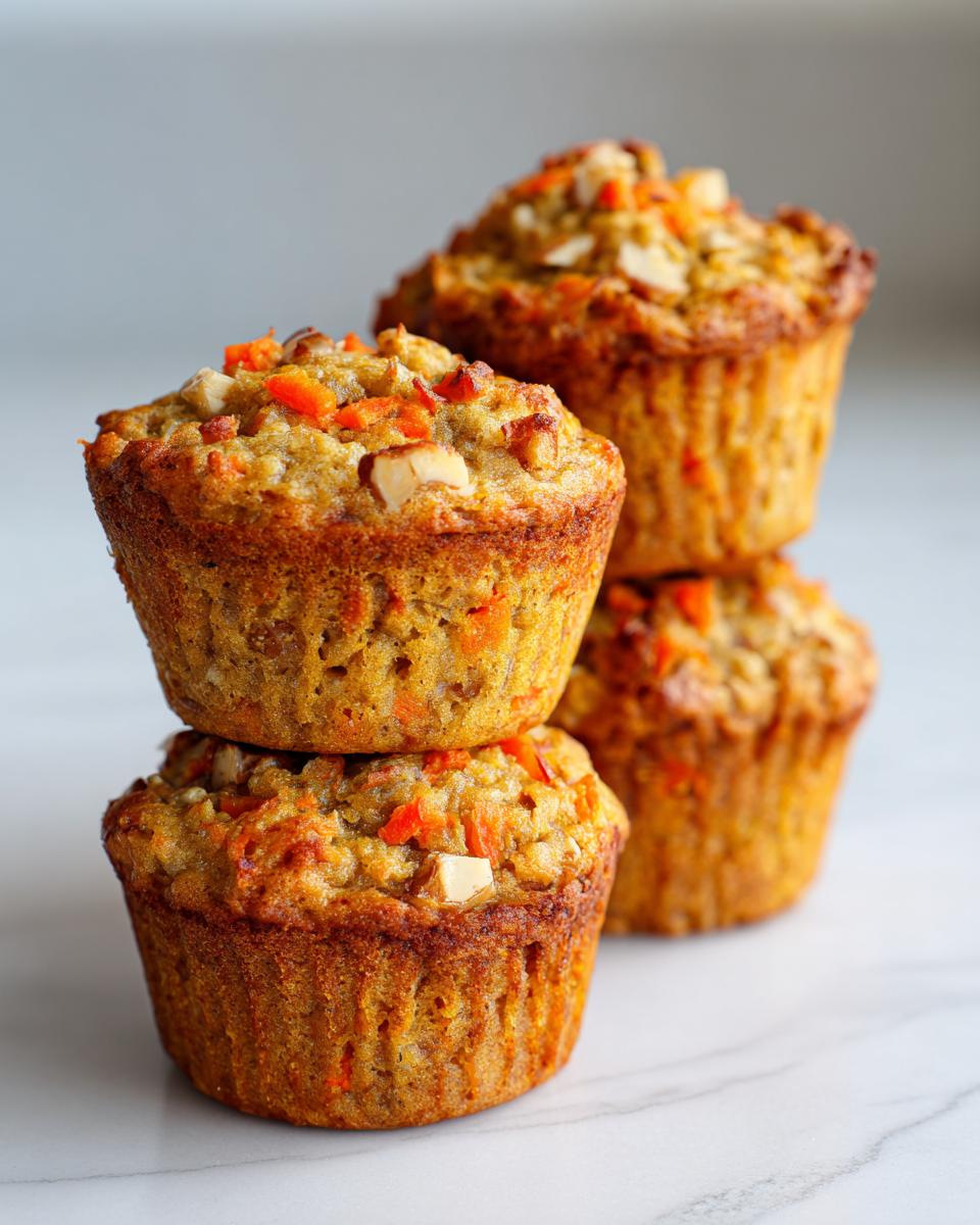 A stack of four golden brown morning glory muffins topped with visible carrot shreds and chopped nuts.