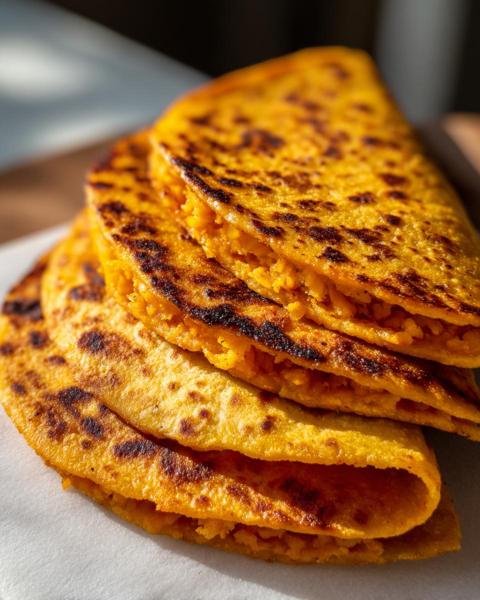 Close-up of a stack of golden, pan-fried potato tacos with a visible mashed potato filling.