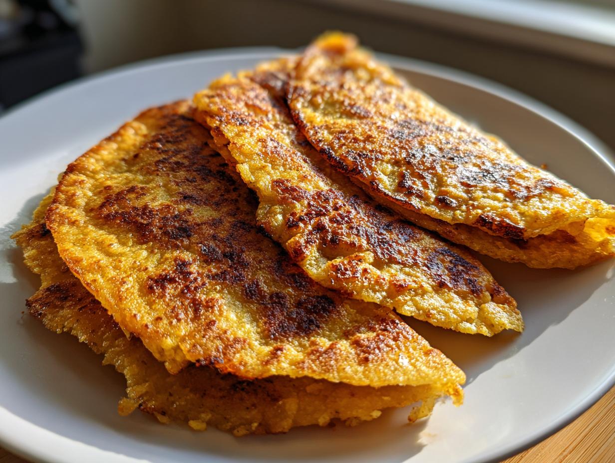 Close-up of several golden brown, folded potato tacos stacked on a white plate.