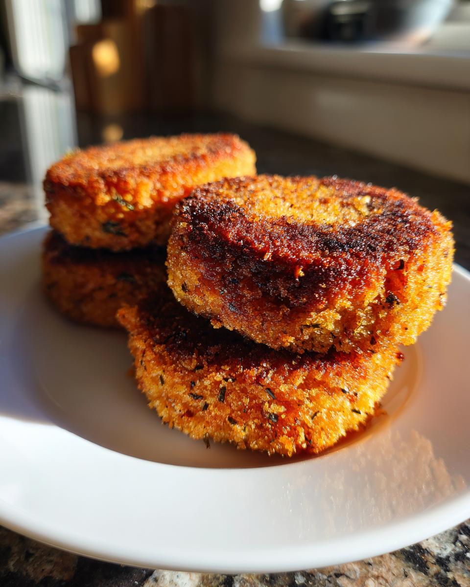A stack of four perfectly pan-fried salmon cakes with a crispy, golden-brown crust on a white plate.