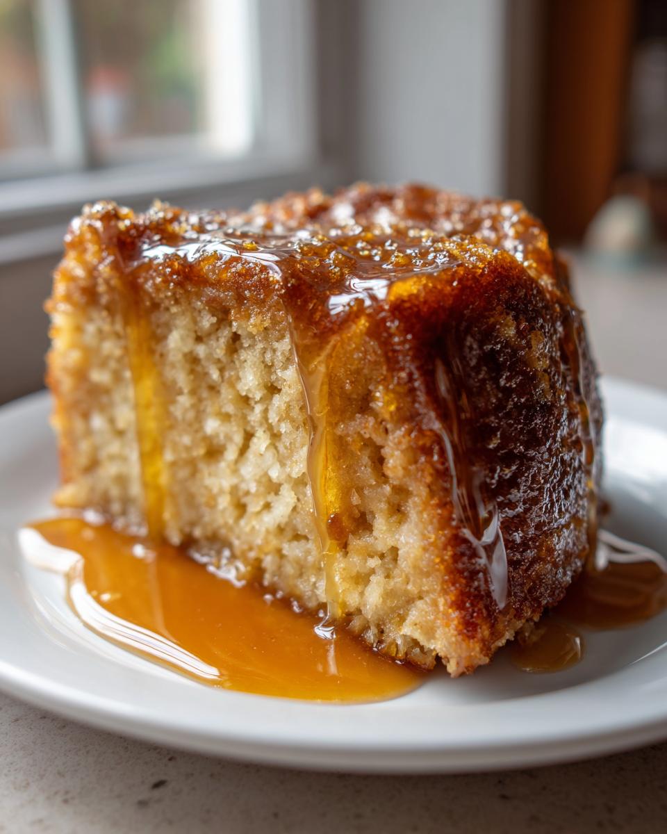 A close-up of a moist slice of apple bread pudding generously drizzled with thick, golden caramel sauce.