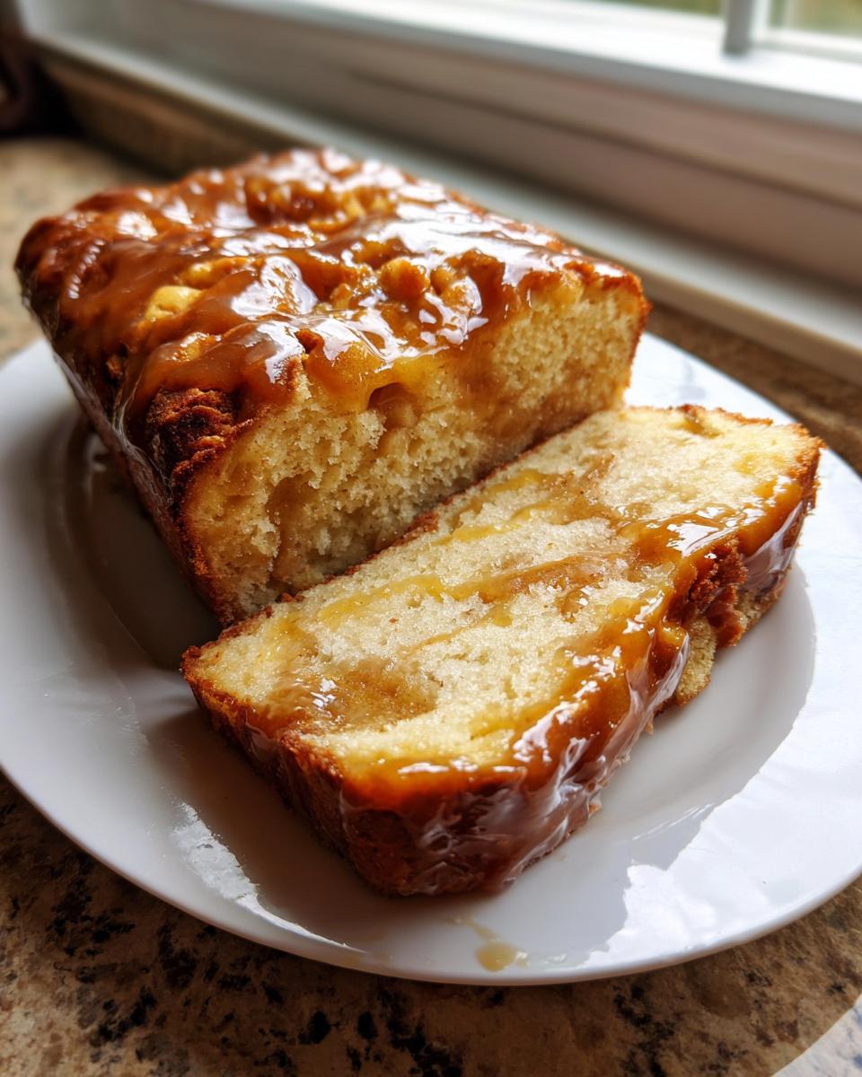 A sliced loaf of moist apple bread pudding topped with a thick, glossy caramel sauce and nuts.