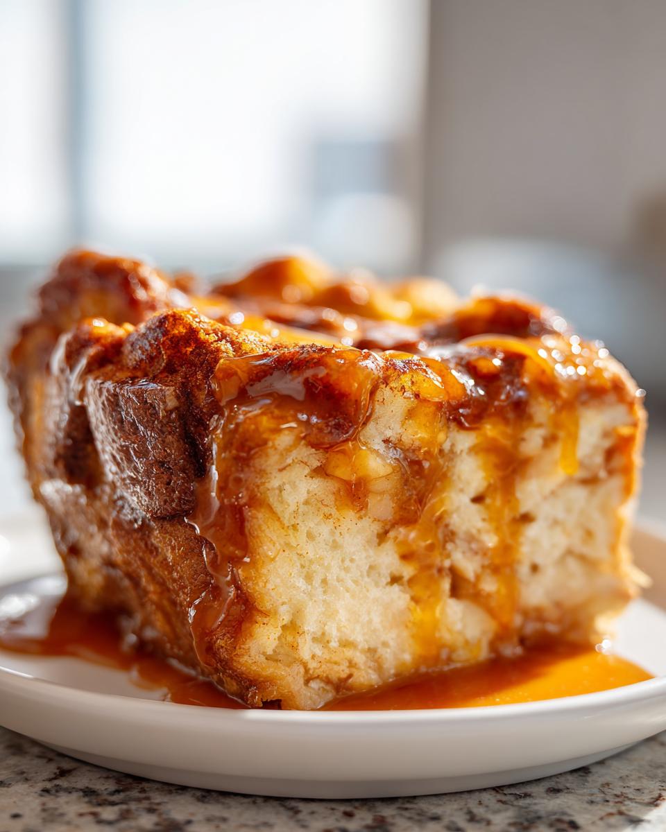A close-up of a moist slice of apple bread pudding drenched in caramel sauce.