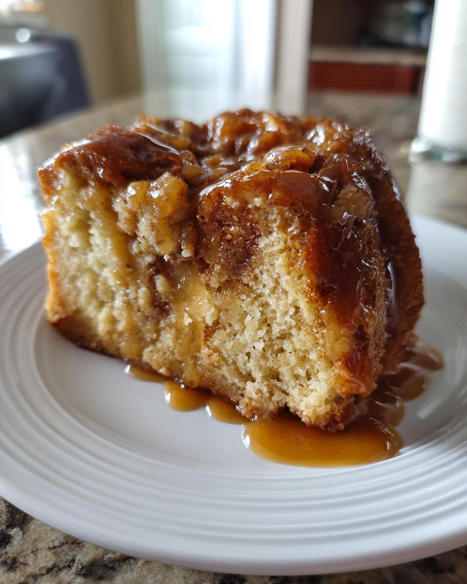 A close-up of a gooey slice of apple bread pudding generously topped with caramel sauce, served on a white plate.