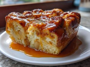 A close-up of a gooey slice of amazing apple bread pudding topped with caramel sauce.