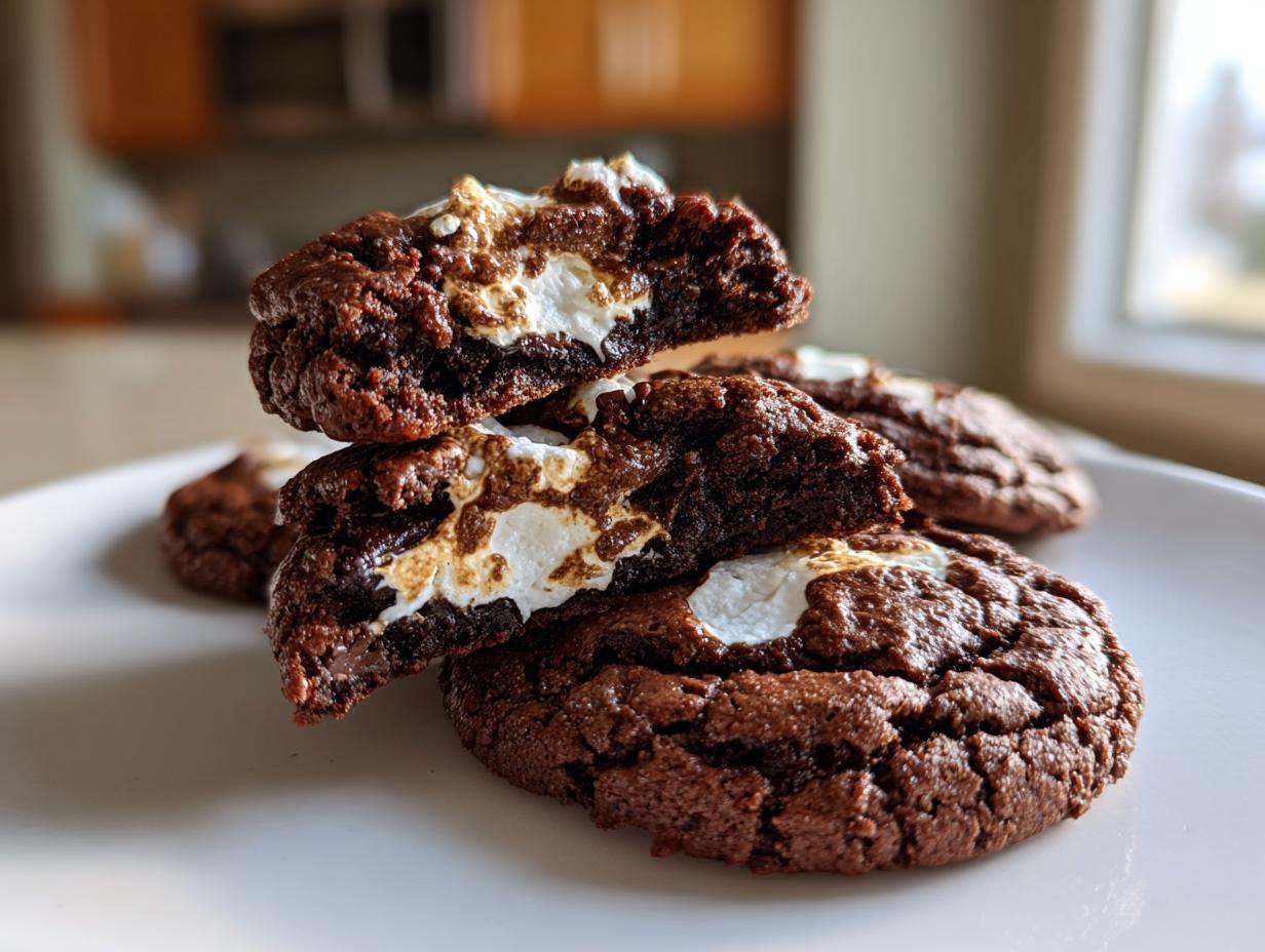 Close-up of gooey hot chocolate cookies stacked, showing melted marshmallow filling inside the rich chocolate cookie.