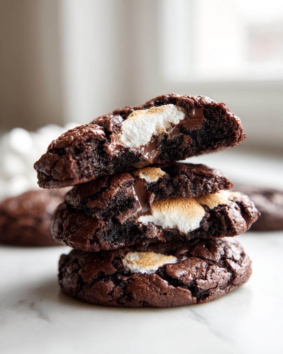 Stack of three rich, dark chocolate hot chocolate cookies, with the top one broken to show melted chocolate and toasted marshmallow filling.
