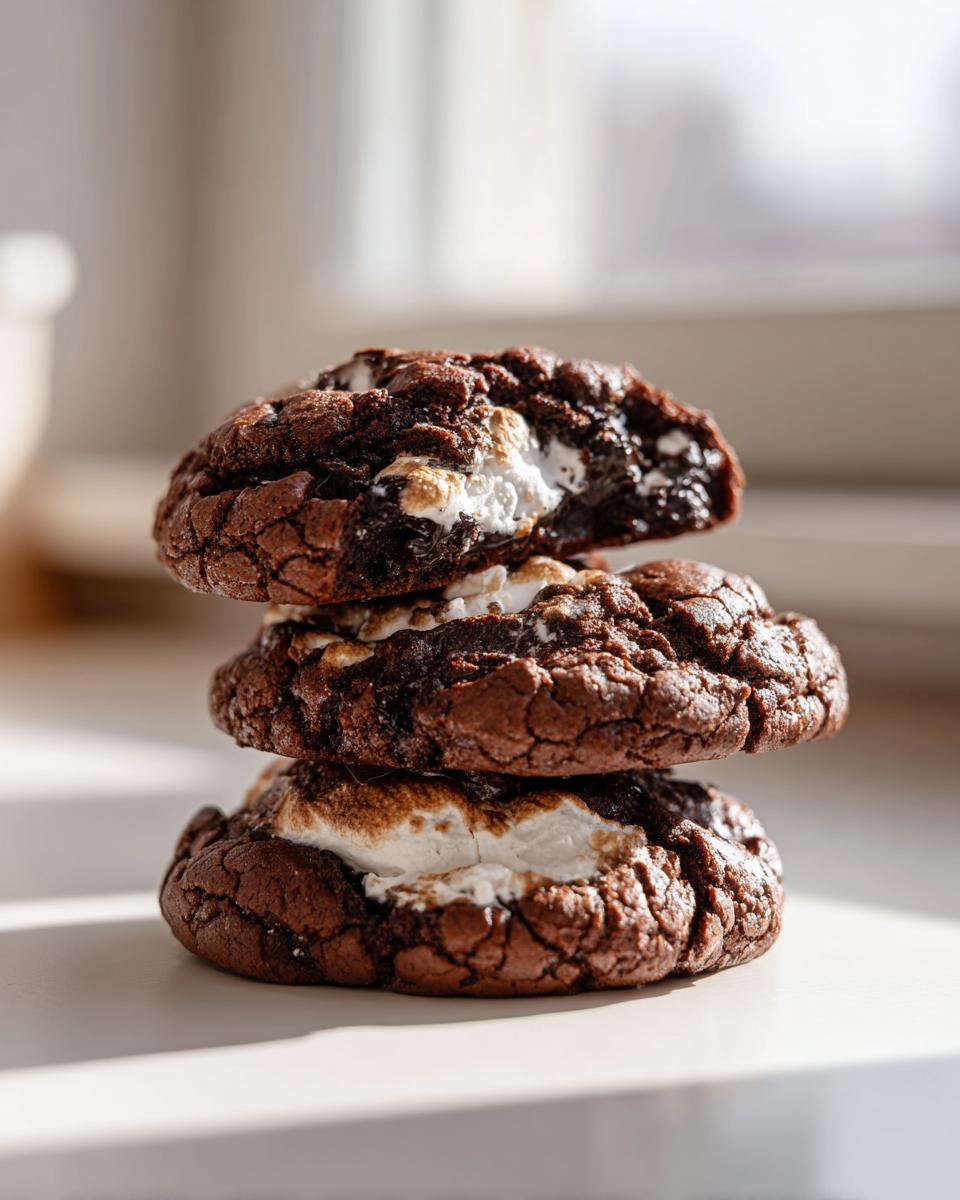 A stack of three rich, dark chocolate hot chocolate cookies filled with gooey, toasted marshmallow.