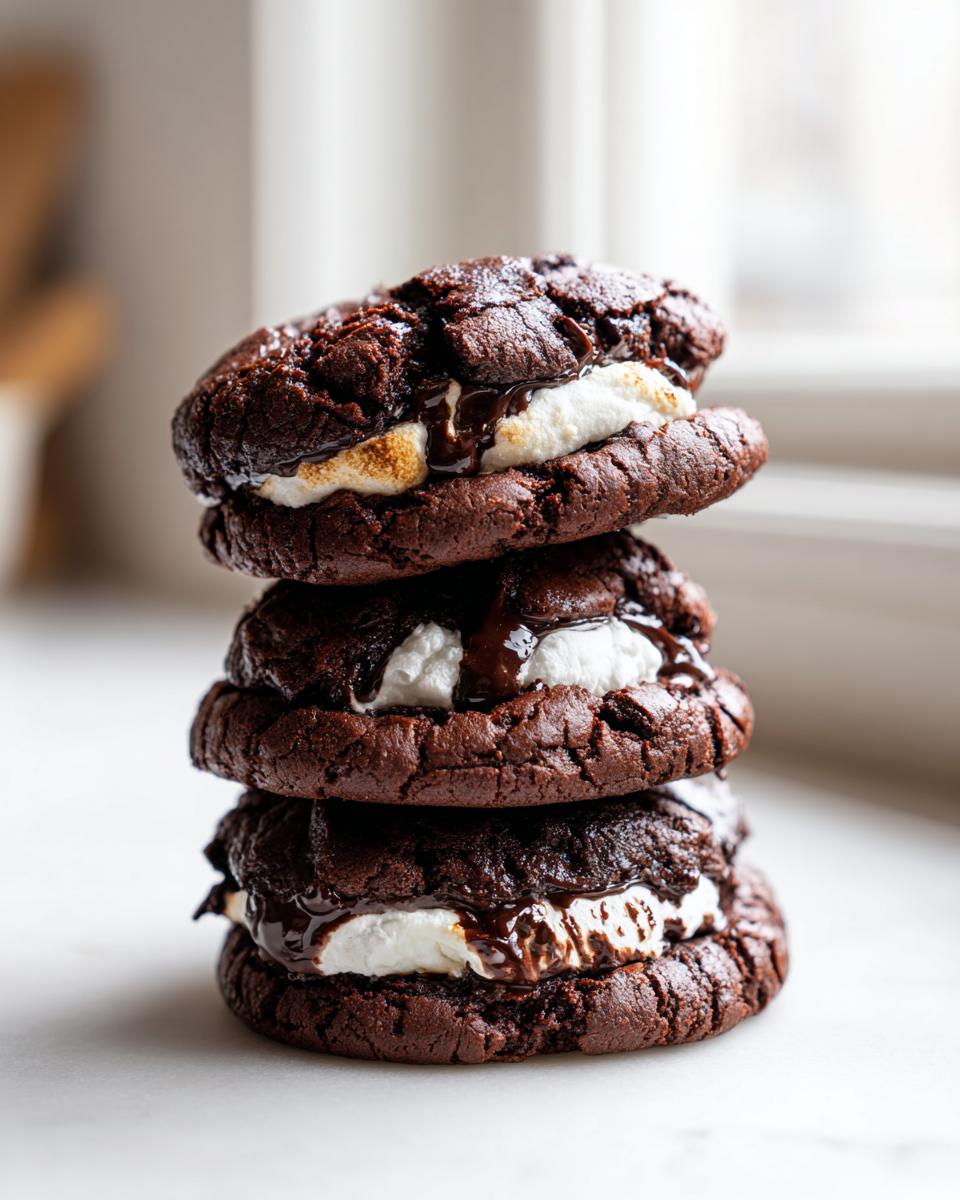 A stack of three rich, dark chocolate hot chocolate cookies filled with gooey, toasted marshmallow and drizzled with chocolate sauce.