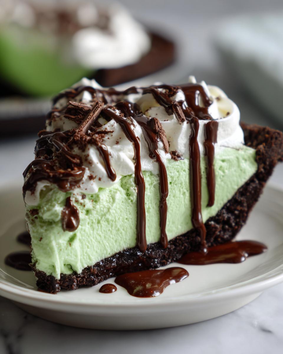 A close-up of a slice of bright green grasshopper pie with a dark chocolate crust, topped with whipped cream, chocolate syrup, and shavings.