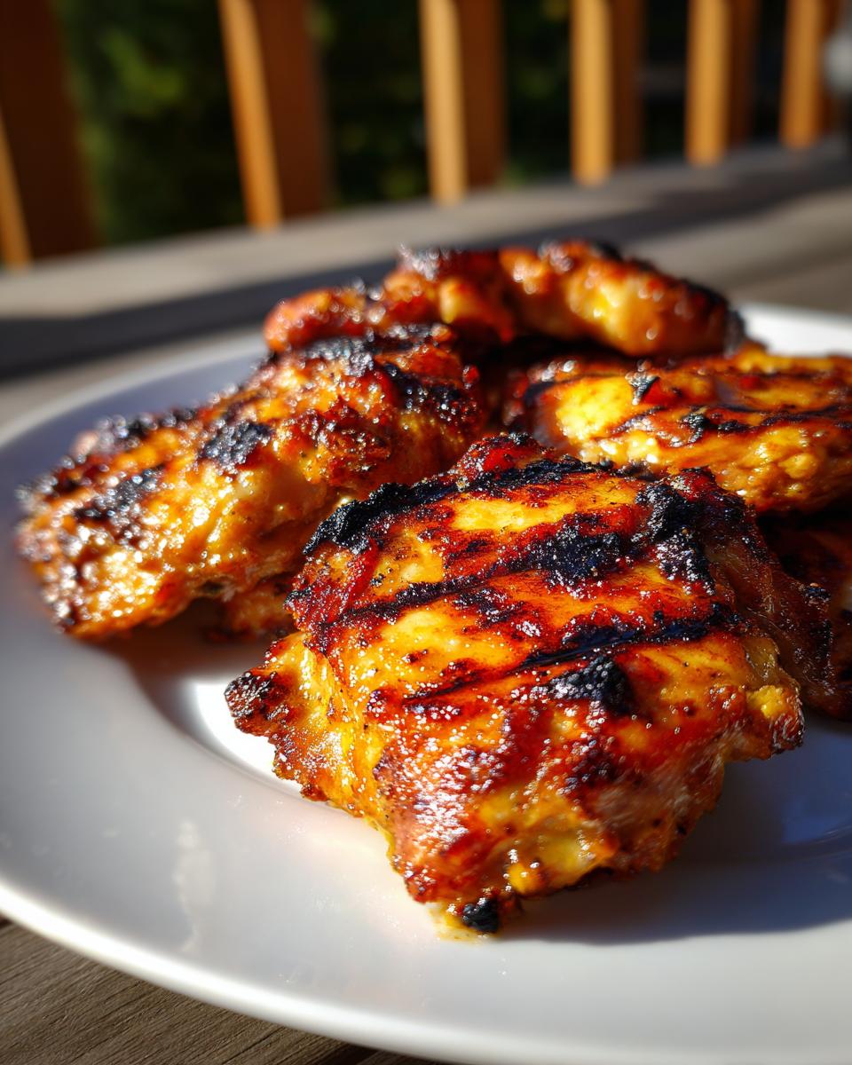 Close-up of perfectly grilled chicken pieces showing char marks, glistening from a delicious chicken marinade.