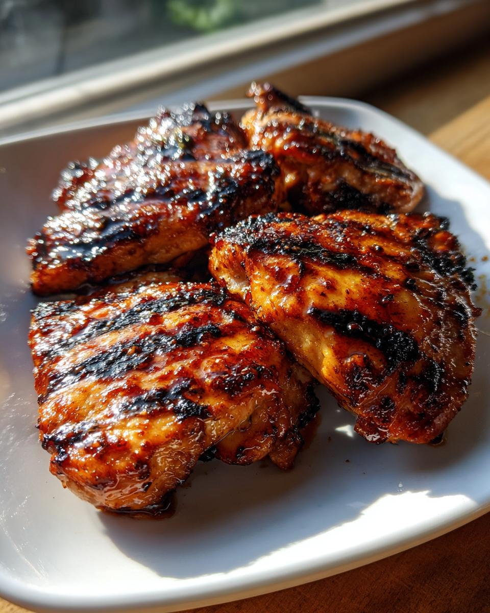 Four pieces of grilled, glazed chicken showing distinct char marks, likely prepared with a great chicken marinade.