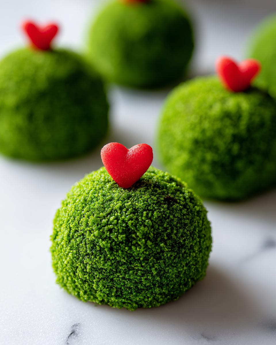 A close-up of a vibrant green, textured Grinch Oreo ball topped with a small red candy heart.