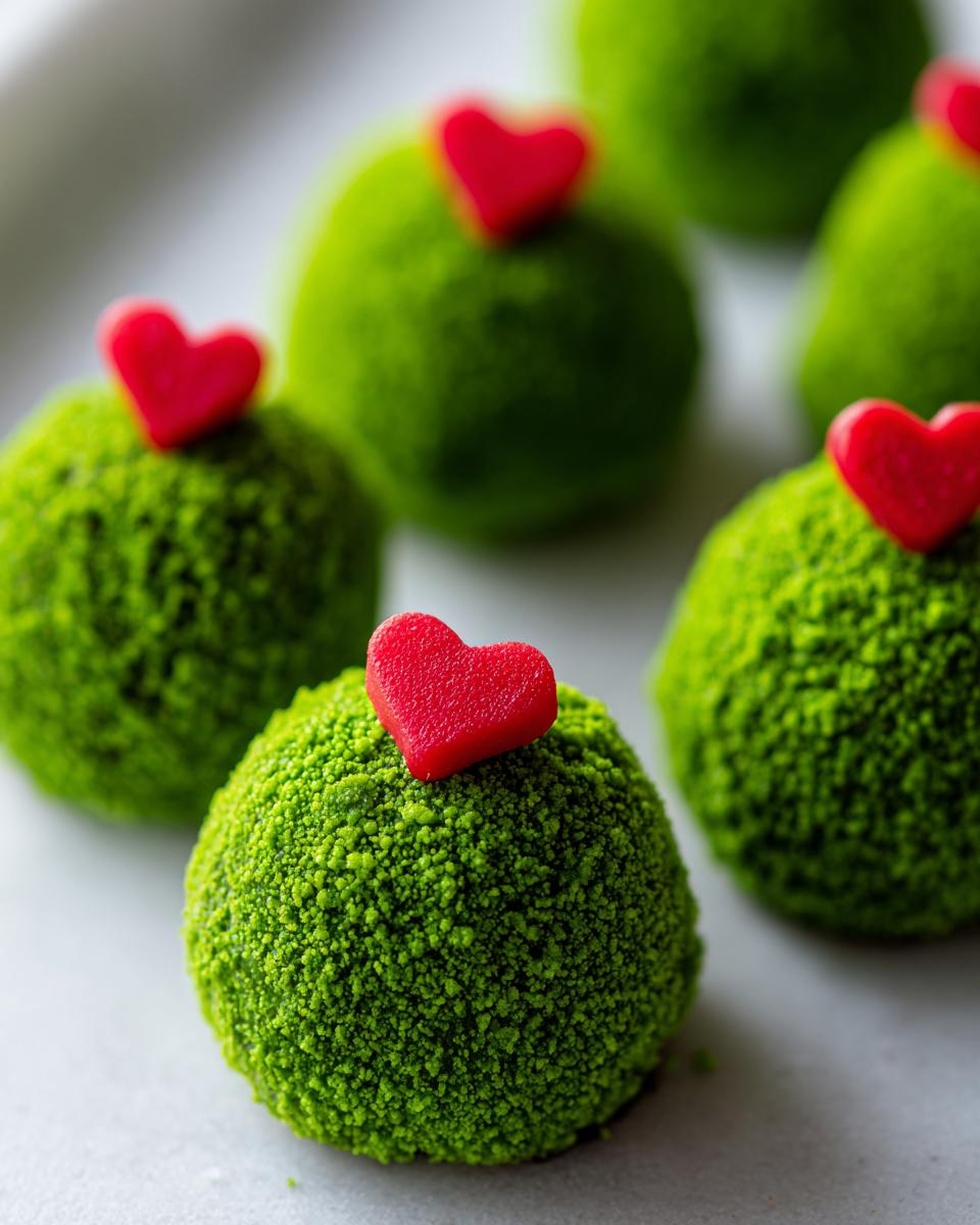 Close-up of bright green, textured grinch oreo balls topped with small red candy hearts.