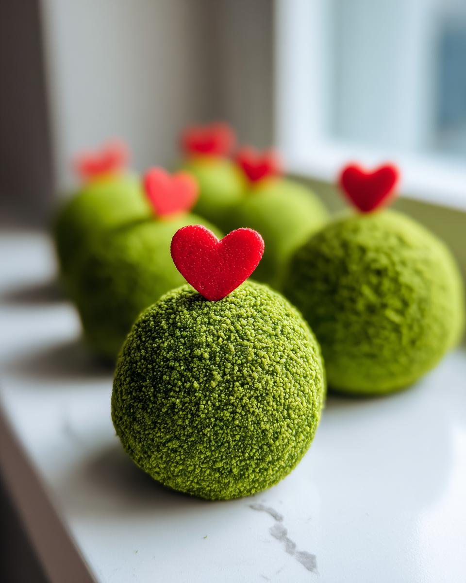 A close-up of vibrant green Grinch Oreo balls coated in sprinkles, each topped with a small red heart decoration.
