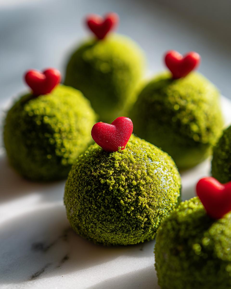 Close-up of several vibrant green Grinch Oreo balls dusted with green sprinkles, each topped with a small red heart candy.