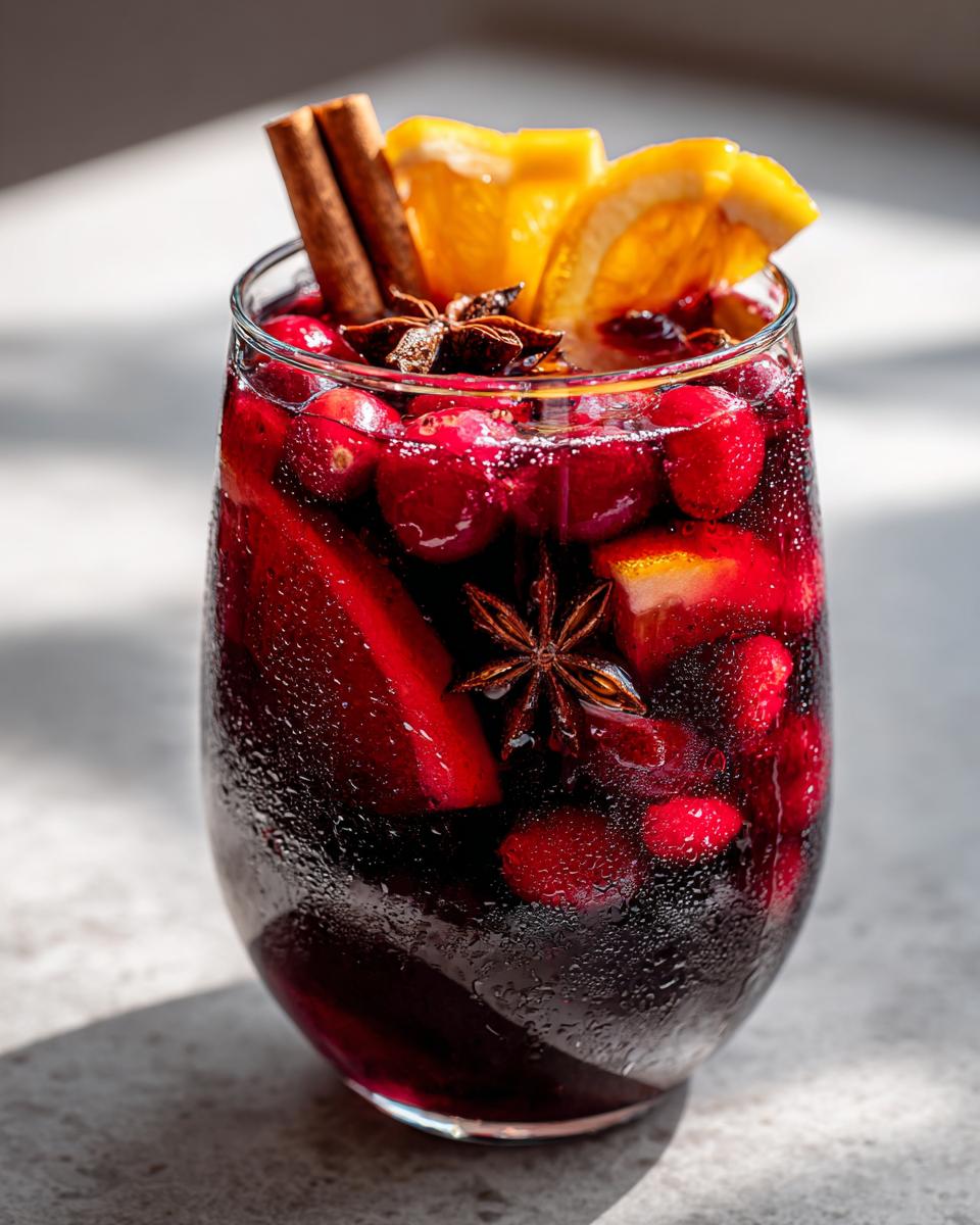 Close-up of a glass filled with cold holiday sangria, garnished with cranberries, orange slices, cinnamon sticks, and star anise.