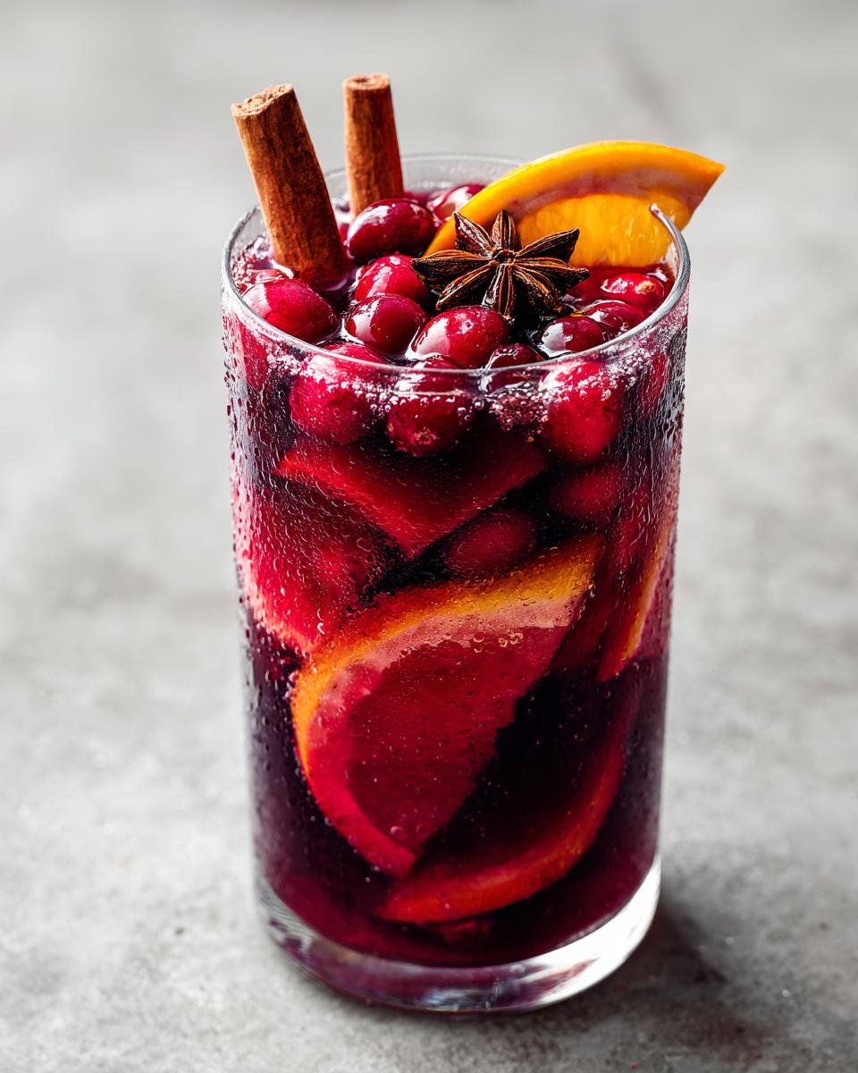 A tall, sweating glass filled with deep red holiday sangria, garnished with cranberries, orange slices, cinnamon sticks, and star anise.