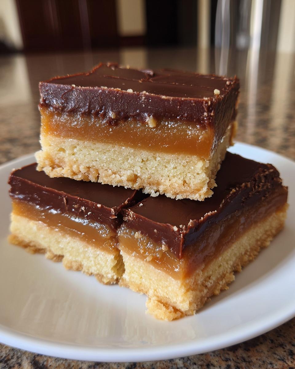 Three stacked squares of homemade Twix bars featuring a shortbread base, thick caramel layer, and rich chocolate topping.