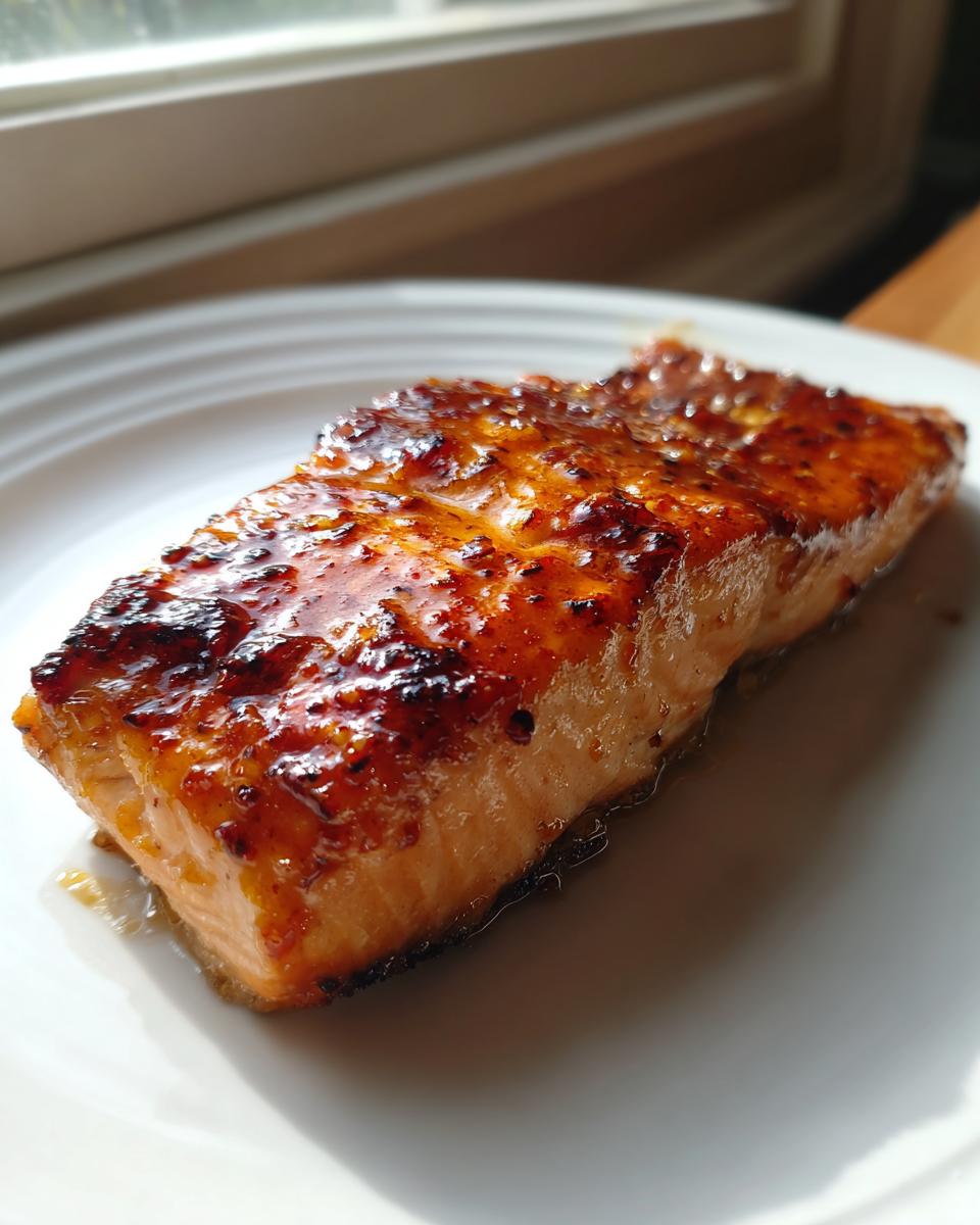 A close-up of a perfectly cooked salmon fillet glazed with a shiny honey garlic butter sauce, resting on a white plate.