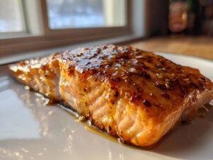 A close-up of a perfectly cooked salmon fillet glazed with honey garlic butter sauce, rich in color.