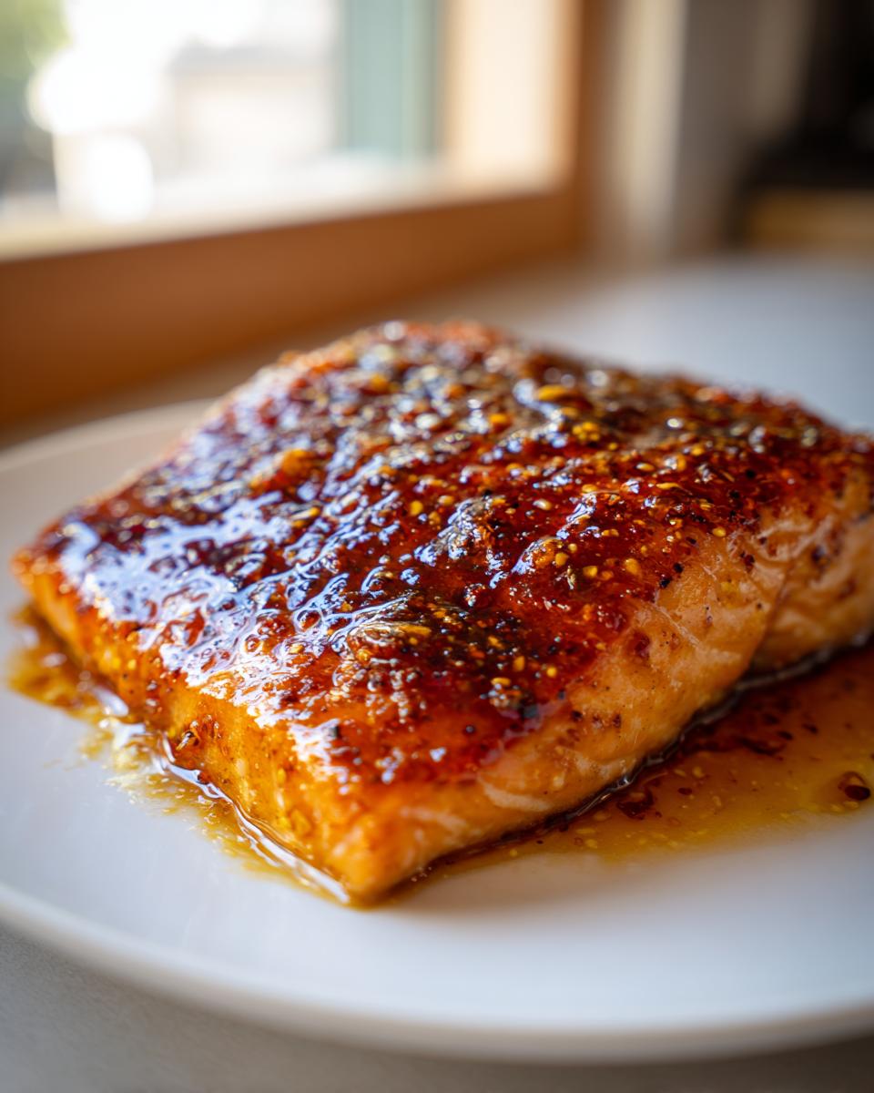Close-up of a perfectly cooked salmon fillet coated in a thick, glossy honey garlic butter glaze.