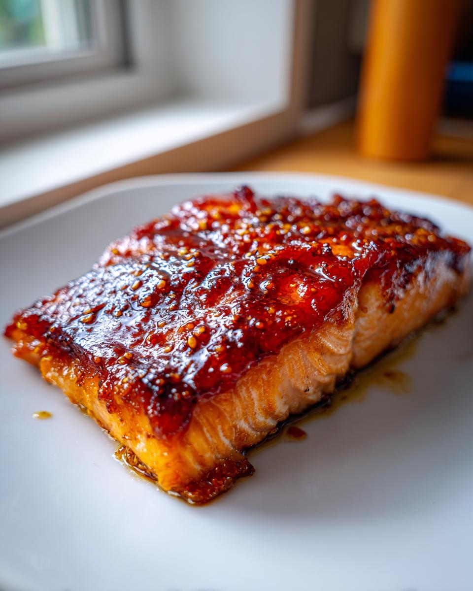 A close-up of a perfectly cooked salmon fillet topped with a thick, shiny honey garlic butter glaze.