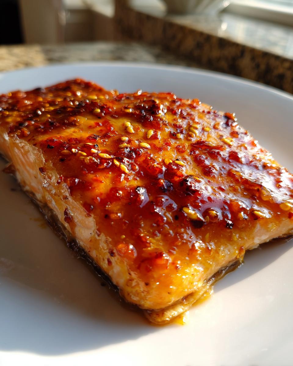 Close-up of a perfectly cooked salmon fillet covered in a thick, glossy, honey garlic butter glaze with visible sesame seeds.