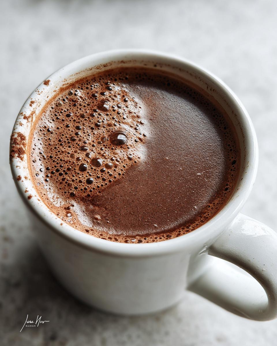 Close-up overhead view of rich, dark hot cocoa mix with a layer of fine foam in a white mug.