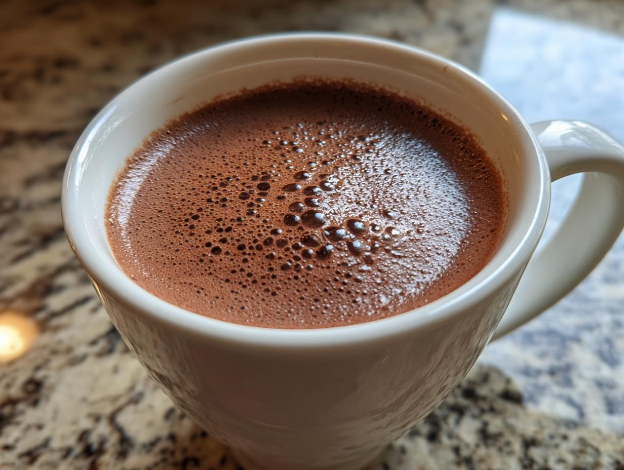 Close-up of rich, frothy hot cocoa mix in a white ceramic mug sitting on a granite countertop.