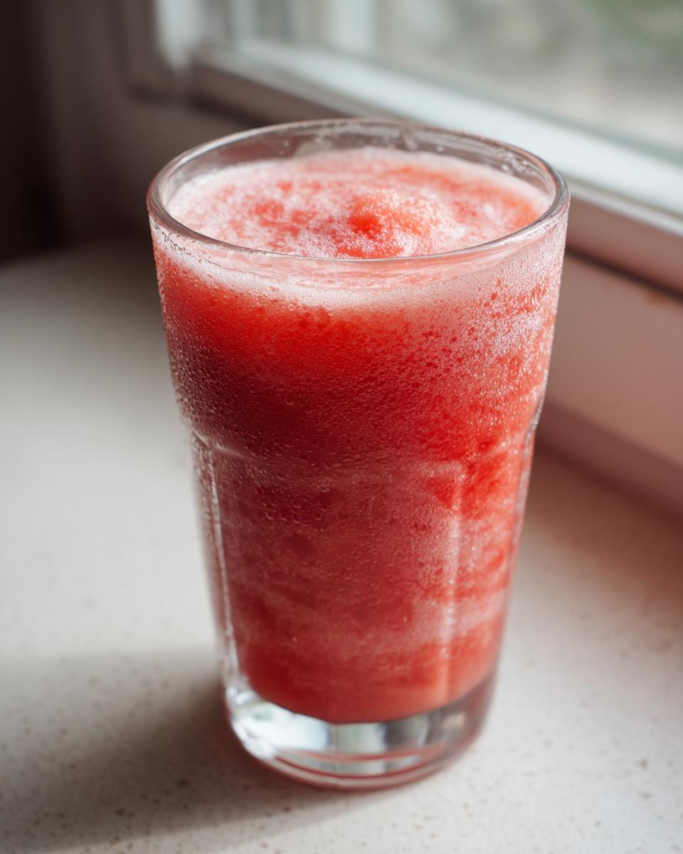 A tall, frosty glass filled with a bright red, icy watermelon smoothie, condensation visible on the exterior.