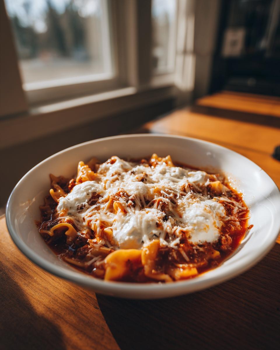 A close-up of a white bowl filled with rich Instant Pot Lasagna Soup, topped with dollops of ricotta and shredded mozzarella cheese.