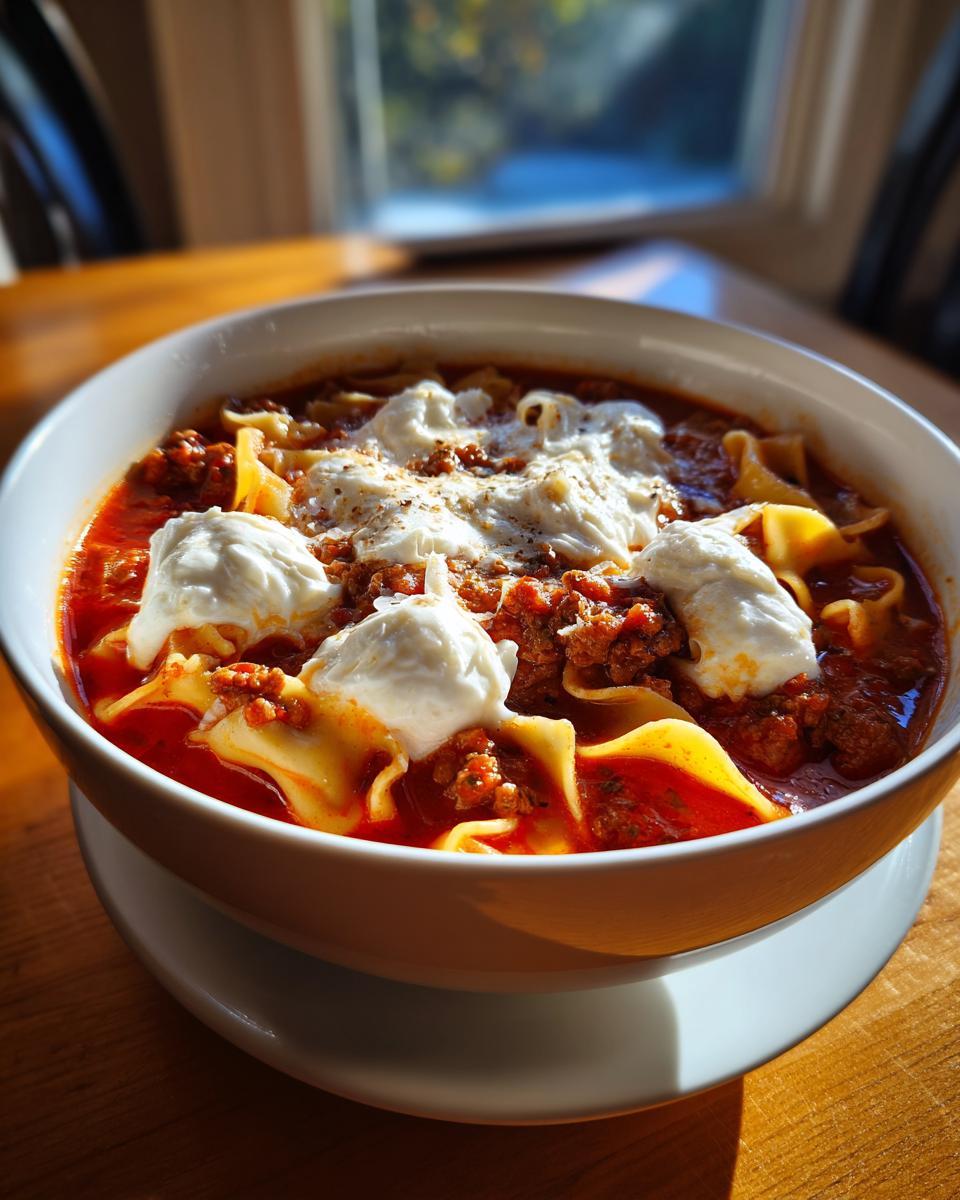 A white bowl filled with rich Instant Pot Lasagna Soup, topped with dollops of ricotta cheese and black pepper.