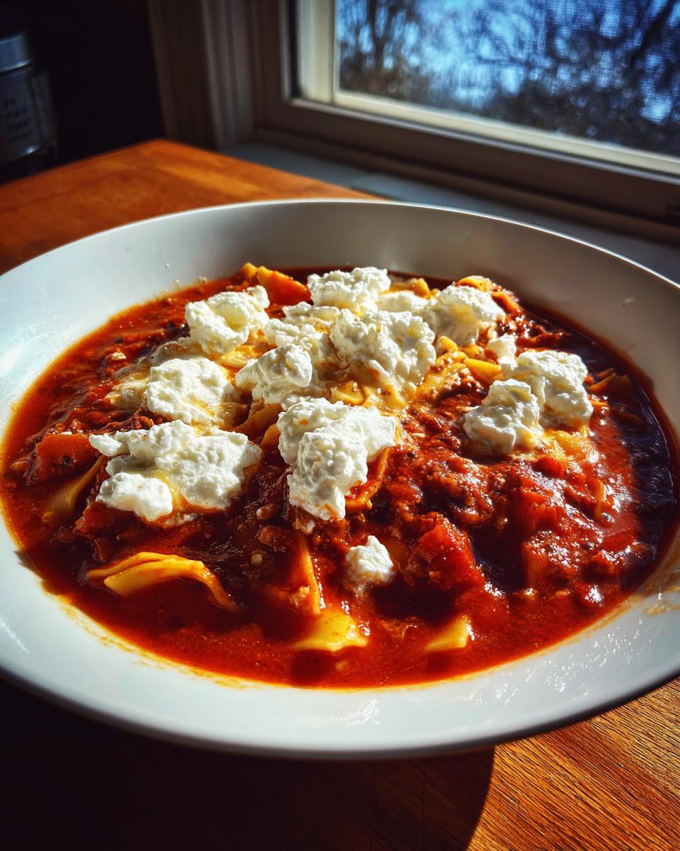 A close-up of a bowl of rich Instant Pot Lasagna Soup topped generously with dollops of ricotta cheese.