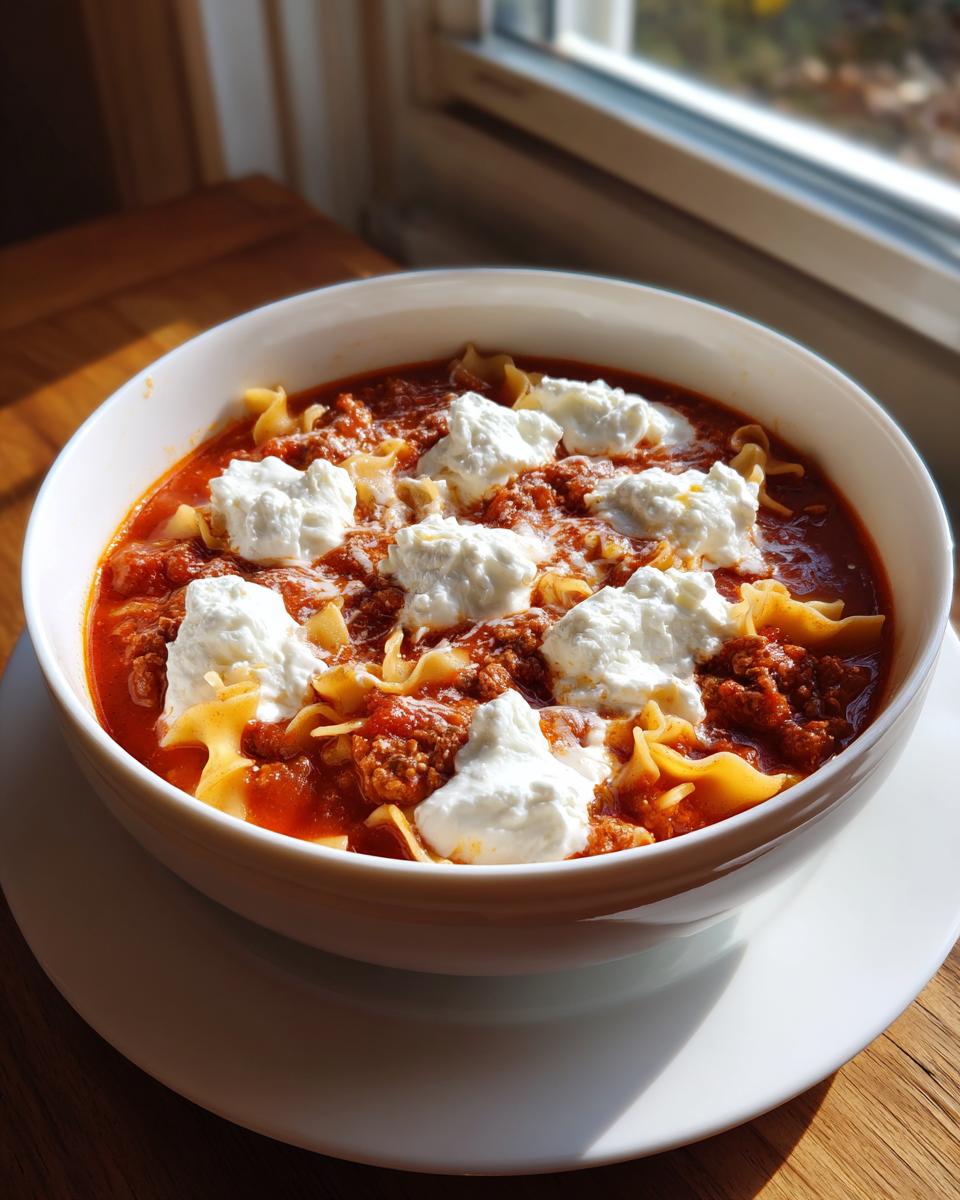 A white bowl filled with rich, red instant pot lasagna soup topped with dollops of white ricotta cheese.