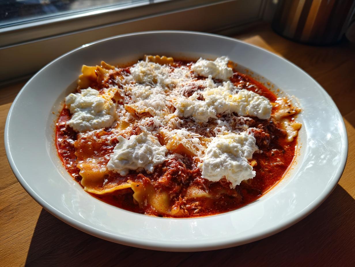 A white bowl filled with rich, red Instant Pot Lasagna Soup topped with dollops of ricotta and grated Parmesan cheese.