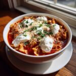 A hearty bowl of Instant Pot Lasagna Soup topped with dollops of ricotta, shredded cheese, and parsley.