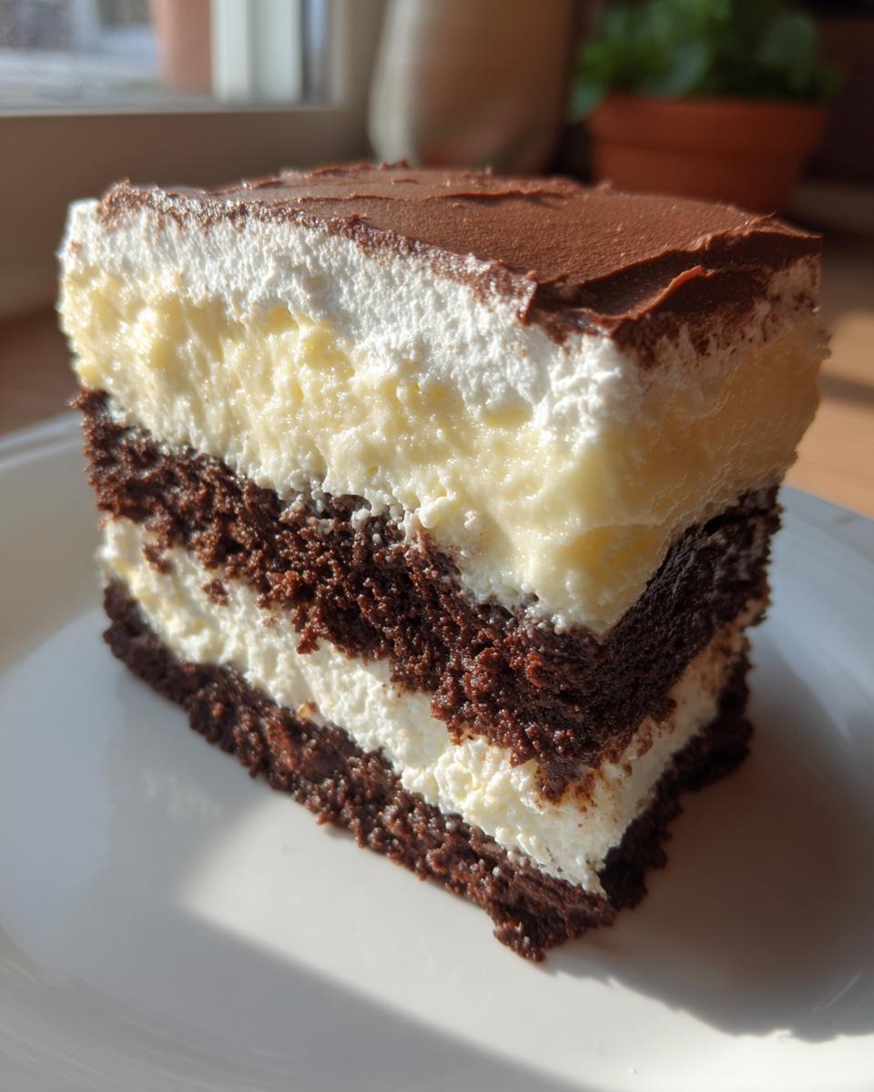 A tall slice of rich Italian love cake showing three distinct layers: dark chocolate cake, creamy white filling, and a chocolate frosting top.
