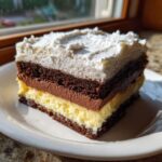 Close-up of a square slice of italian love cake showing four distinct layers: chocolate cake, custard, chocolate mousse, and whipped cream.