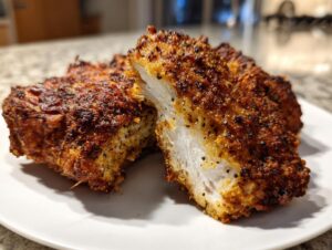 Close-up of juicy air fryer fried chicken, cut open to show the white meat and crispy, seasoned coating.