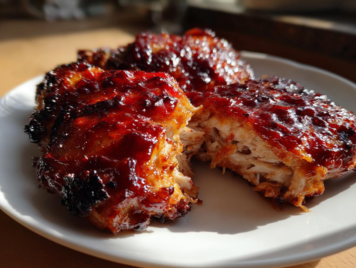 Close-up of juicy BBQ chicken pieces showing tender, shredded meat and a thick, caramelized red BBQ sauce glaze.